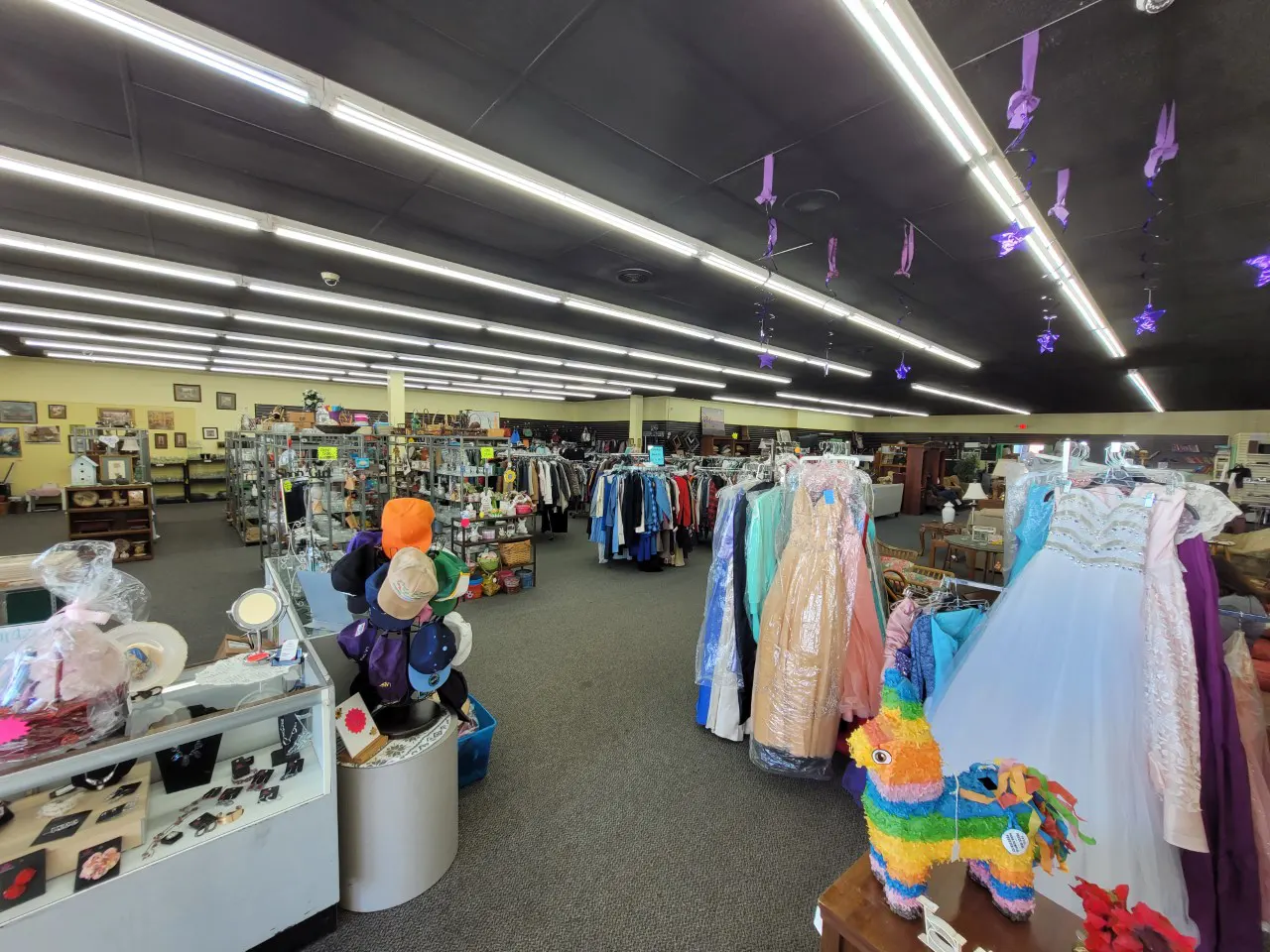 View of entire thrift store, clothing