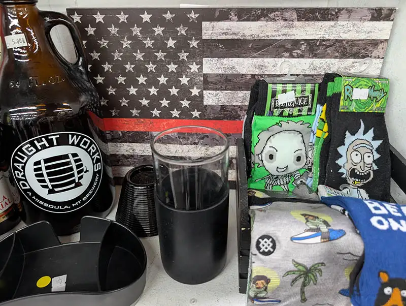 Collection of cartoon items, glasses, and American flag decor