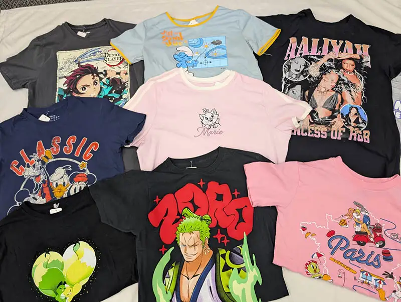 Graphic t-shirts side by side